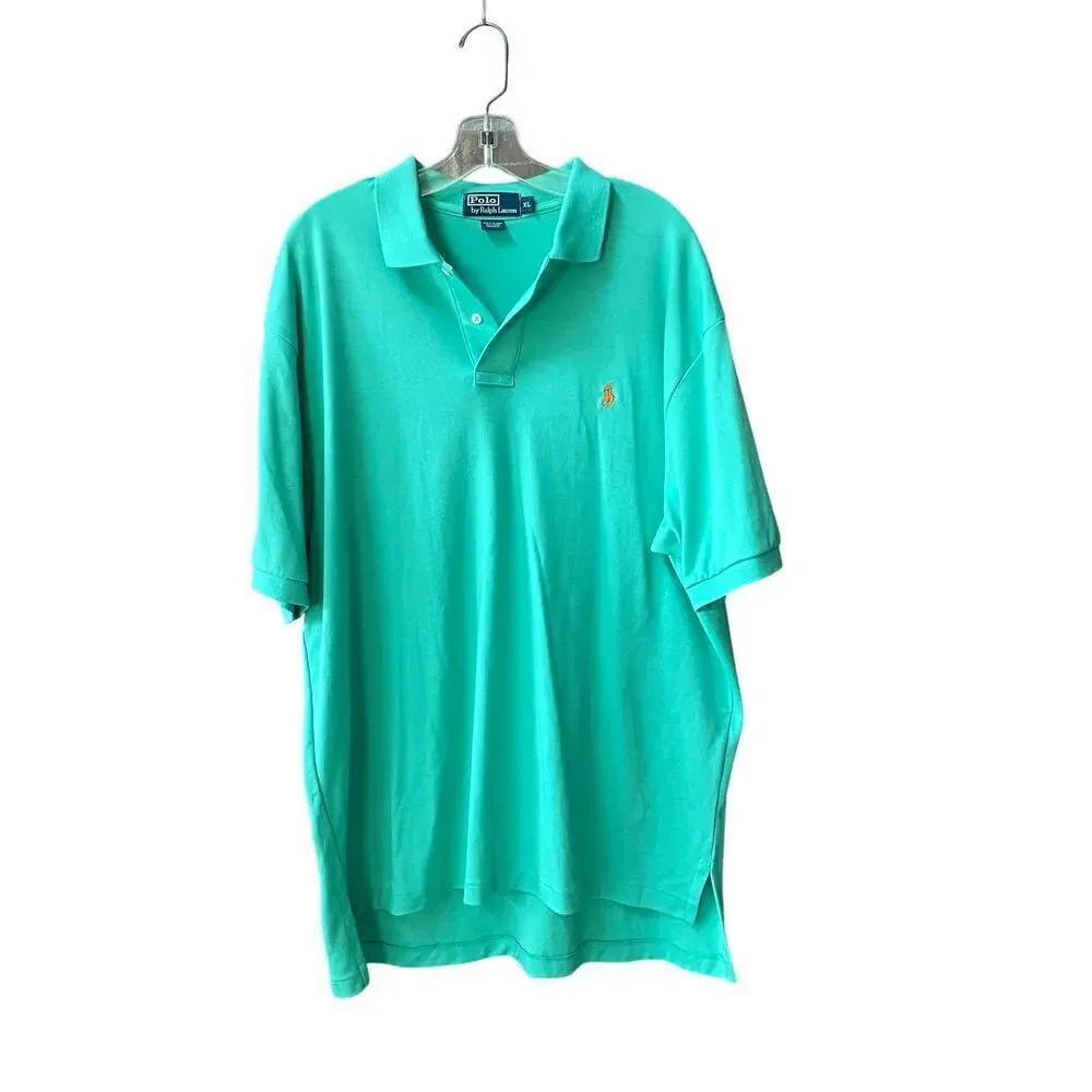 Ralph Lauren Men Green Short Sleeve Smooth Polo Shirt Size XL Orange Logo Preppy